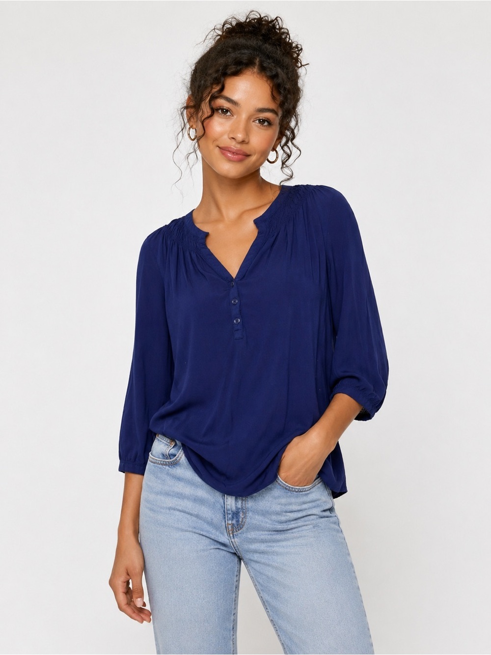 Womens Navy Button-Front Peasant Blouse